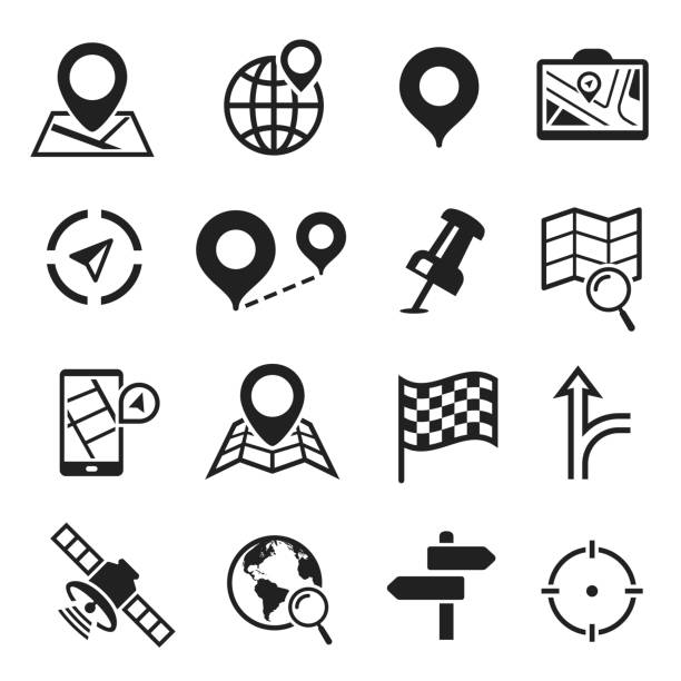 ilustraciones, imágenes clip art, dibujos animados e iconos de stock de conjunto de iconos de navegación y gps, plan de cartografía - global positioning system