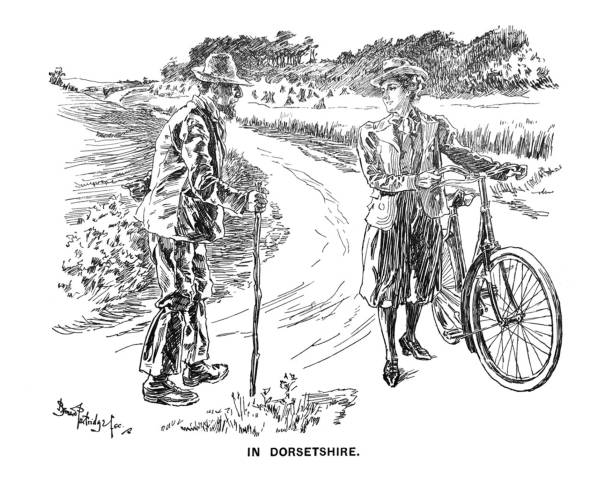 istock British satire comic cartoon caricatures illustrations - Woman with bicycle talking to a man - Dorsetshire 1147554892