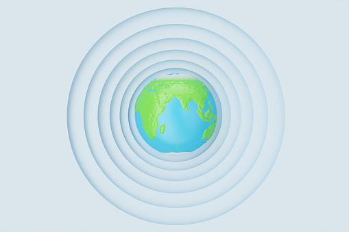 Abstract white paper cut circle shape background with Earth. White paper carving effect with Earth in centre. Earth in center of circles. 3D rendering