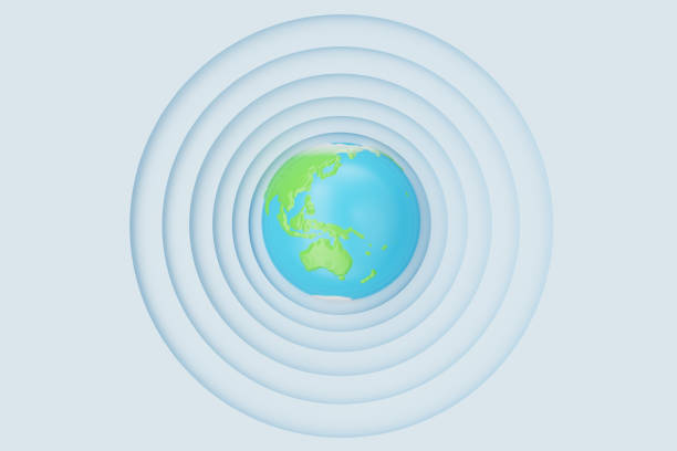 Abstract white paper cut circle shape background with Earth. White paper carving effect with Earth in centre. Earth in center of circles. 3D rendering