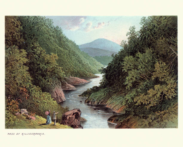 Vintage engraving of Pass of Killiecrankie, a gorge lying between 2757 ft (830 m) Ben Vrackie and Tenandry Hill in Perth and Kinross on the River Garry., 19th Century