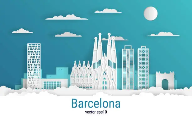 Vector illustration of Paper cut style Barcelona city, white color paper, vector stock illustration. Cityscape with all famous buildings. Skyline Barcelona city composition for design