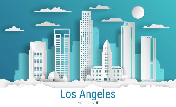 ilustrações de stock, clip art, desenhos animados e ícones de paper cut style los angeles city, white color paper, vector stock illustration. cityscape with all famous buildings. skyline los angeles city composition for design - city of los angeles los angeles county downtown district cityscape