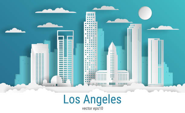 Paper cut style Los Angeles city, white color paper, vector stock illustration. Cityscape with all famous buildings. Skyline Los Angeles city composition for design Paper cut style Los Angeles city, white color paper, vector stock illustration. Cityscape with all famous buildings. Skyline Los Angeles city composition for design los angeles county stock illustrations