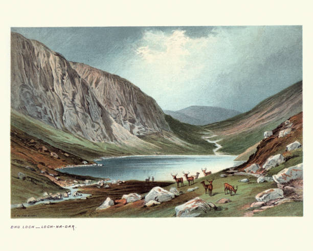 Scottish landscape, Dhu Loch, Loch-na-gar, 19th Century Vintage engraving of Dhu Loch (also known as "Loch Dhu") is an impounding reservoir, located 1 kilometre directly west of the much larger Loch Fad and 5 kilometres south west of Rothesay., 19th Century pictures of valleys stock illustrations
