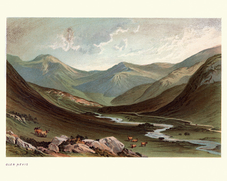 Vintage engraving of Scottish landscape, Glen Nevis, Lochaber, Highland, Scotland, 19th Century