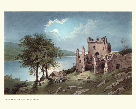 Vintage engraving of Urquhart Castle, the present ruins date from the 13th to the 16th centuries, though built on the site of an early medieval fortification. Founded in the 13th century, Urquhart played a role in the Wars of Scottish Independence in the 14th century.
