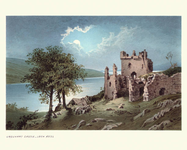 Scottish landscape, Urquhart Castle Loch Ness, 19th Century Vintage engraving of Urquhart Castle, the present ruins date from the 13th to the 16th centuries, though built on the site of an early medieval fortification. Founded in the 13th century, Urquhart played a role in the Wars of Scottish Independence in the 14th century. scottish highlands castle stock illustrations