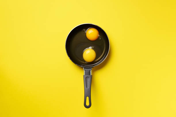 istock Food concept with two eggs, pan on yellow background. Top view. Creative pattern in minimal style. Flat lay. 1147558722