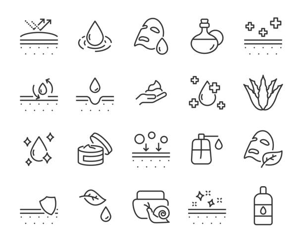 set of skin icons, such as aloevera, oil, nature, sun protect, dry, lotion set of skin icons, such as aloevera, oil, nature, sun protect, dry, lotion facial mask beauty product stock illustrations