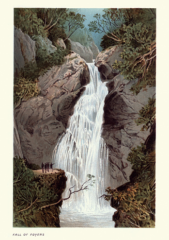 Vintage engraving of Falls of Foyers a waterfall on the River Foyers, which feeds Loch Ness, in Highland, Scotland, United Kingdom. , 19th Century