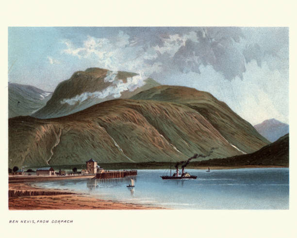 Scottish landscape, Ben Nevis from Corpach, 19th Century Vintage engraving of Ben Nevis the highest mountain in the British Isles. Standing at 1,345 metres (4,411 ft) above sea level, it is at the western end of the Grampian Mountains in the Lochaber area of the Scottish Highlands, close to the town of Fort William. ben nevis stock illustrations