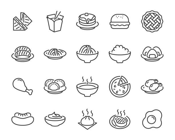 set of food icons, such as pizza, noodle, rice, pie, steak, fried chicken, sushi, dumpling set of food icons, such as pizza, noodle, rice, pie, steak, fried chicken, sushi, dumpling spaghetti stock illustrations