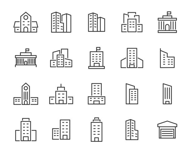 ilustraciones, imágenes clip art, dibujos animados e iconos de stock de conjunto de iconos de edificios, como la ciudad, el apartamento, el condominio, la ciudad - sede central