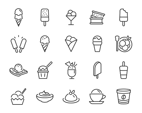 set of ice cream icons, such as  parfait, frozen yogurt, ice cream sundae, vanilla, chocolate