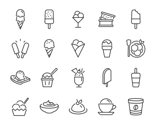 Vector illustration of set of ice cream icons, such as  parfait, frozen yogurt, ice cream sundae, vanilla, chocolate