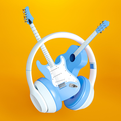 Musical Instruments on Orange Guitar and Headphones. 3d Render