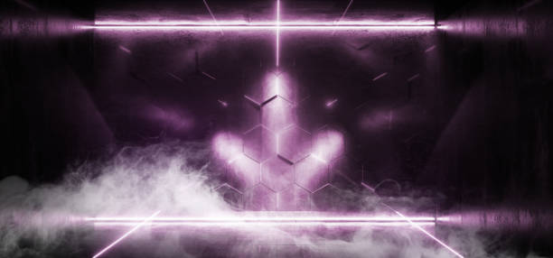 Smoke Smoke Sci Fi Neon Construction Triangle Laser Futuristic Sci Fi Floor Glossy Reflective Dark Hall Studio Corridor Underground Room Stage Glowing Purple Grunge Concrete Show Retro Alien Spaceship Virtual 3D Rendering Illustration humo humo ciencia ficción neón construcción triángulo láser futurista ciencia ficción piso brillante reflexivo pasillo oscuro estudio pasillo subterráneo sala etapa brillante púrpura grunge hormigón mostrar retro nave espacial virtual 3d renderiza