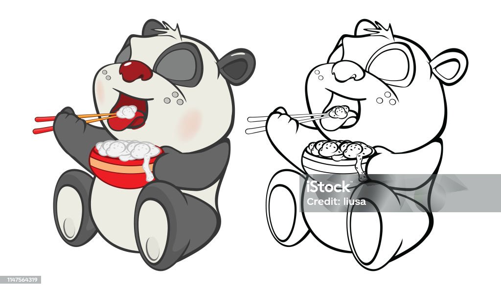 Vector Illustration of a Cute Cartoon Character Panda for you Design and Computer Game. Coloring Book Outline Set it is gray a white panda eats food with sticks and its sketch Animal stock vector