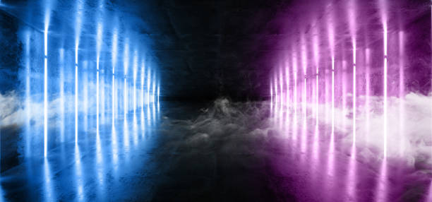 istock Smoke Abstract Shape Background Sci Fi Neon Glowing Alien Spaceship Dark Reflective Glossy Vibrant Purple Blue Pink Room Hall Corridor Stage Tunnel Gallery Shine Futuristic Virtual 3D Rendering 1147566012