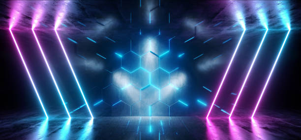istock Triangle Sci Fi Neon Glowing Alien Spaceship Dark Reflective Glossy Vibrant Purple Blue Pink Room Hall Corridor Stage Tunnel Gallery Shine Futuristic Virtual 3D Rendering 1147566224
