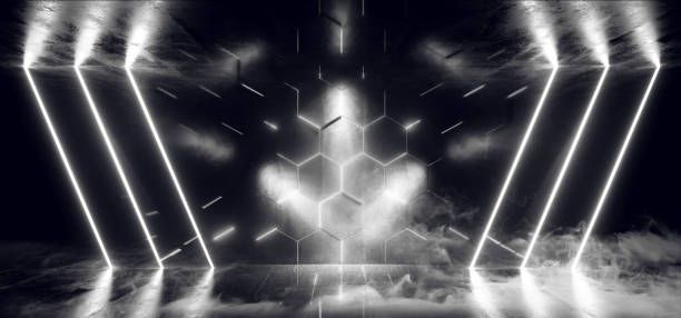istock Smoke Triangle Sci Fi Neon Glowing Alien Spaceship Dark Reflective Glossy White Room Hall Corridor Stage Tunnel Gallery Shine Futuristic Virtual 3D Rendering 1147566336