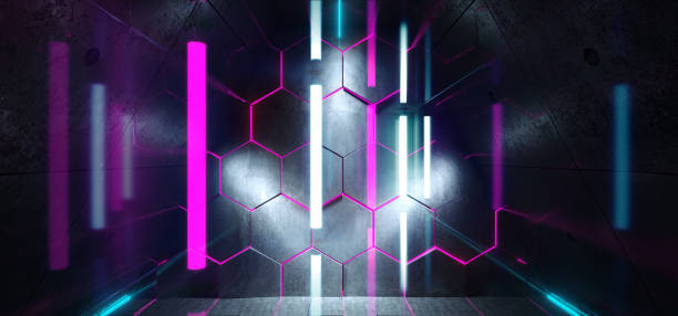 istock Sci Fi Neon Triangle Laser Futuristic Sci Fi Floor Glossy Reflective Dark Hall Studio Corridor Underground Room Stage Glowing Blue Purple Grunge Concrete Show Retro Alien Spaceship Virtual 3D Rendering 1147566394