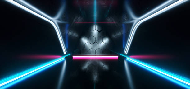 istock Sci Fi Neon Construction Laser Futuristic Sci Fi Floor Glossy Reflective Dark Hall Studio Corridor Underground Room Stage Glowing Purple Blue Grunge Concrete Show Retro Alien Spaceship Virtual 3D Rendering 1147566704