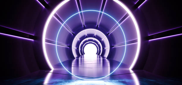 istock Circle Sci-Fi Futuristic Round Cylinder Shaped Corridor With Led Blue And White Lights Glowing With Reflection Blue Material And White End Spaceship Interior Technology Concept 3D Rendering 1147566957