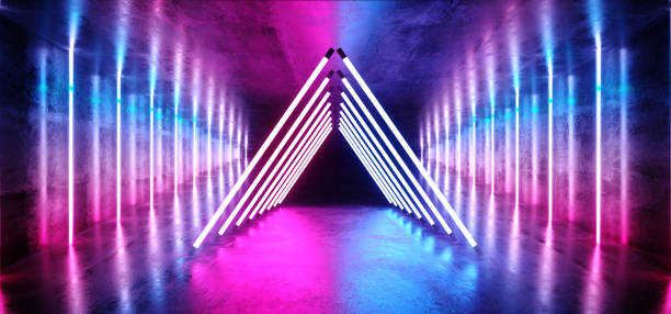 istock Abstract Shape Background Sci Fi Neon Glowing Alien Spaceship Dark Reflective Glossy Vibrant Purple Blue Pink Room Hall Corridor Stage Tunnel Gallery Shine Futuristic Virtual 3D Rendering 1147567064