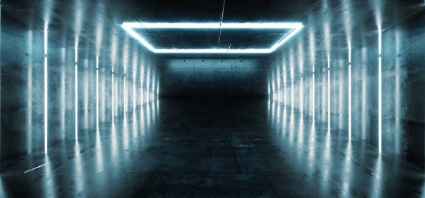 istock Abstract Shape Background Sci Fi Neon Glowing Alien Spaceship Dark Reflective Glossy Vibrant Blue Room Hall Corridor Stage Tunnel Gallery Shine Futuristic Virtual 3D Rendering 1147567086