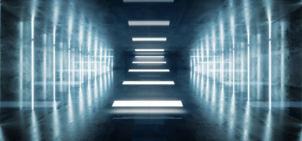 istock Abstract Shape Background Sci Fi Neon Glowing Alien Spaceship Dark Reflective Glossy Vibrant Blue Room Hall Corridor Stage Tunnel Gallery Shine Futuristic Virtual 3D Rendering 1147567120