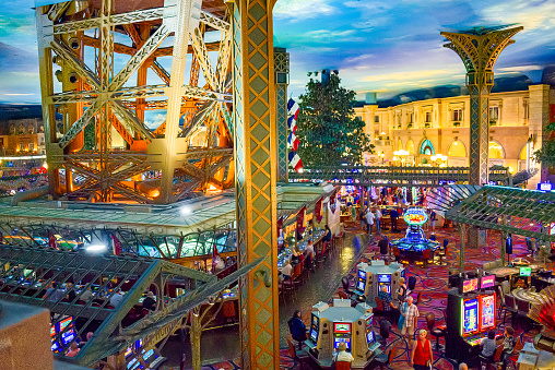 Las Vegas, Nevada, USA - September 17, 2018: Casino Paris. Interior of the casino is inside- game tables, slot machines, roulette.