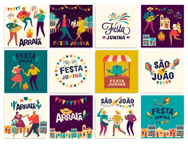 Vector illustration of Brazilian Traditional Celebration Festa Junina. Portuguese Brazilian Text saying Friend s Village. Festa de Sao Joao. Arraia Portuguese Brazilian Text saying Fair. Vector Art.