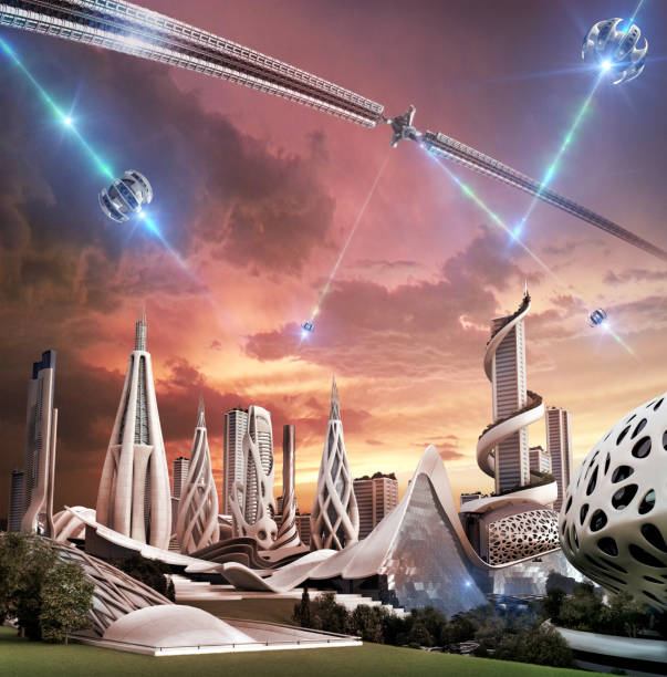 istock Futuristic city and space wheel with an exotic energy source 1147570941