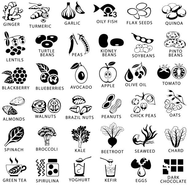 illustrations, cliparts, dessins animés et icônes de aliments sains et superaliments unique couleur noir icônes ensemble - nut bean legume seed