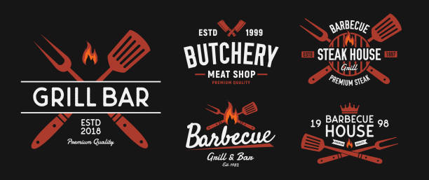 BBQ and Steakhouse logo set. Vintage barbecue emblems. Restaurant labels, emblems, logo. Vector logo template Vector illustration meat backgrounds stock illustrations