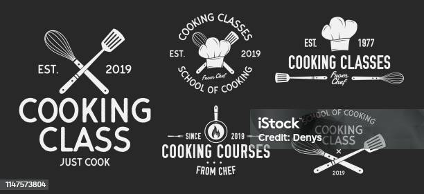 Library Cooking Program Logo Vector Kitchen Logo Set 5 Vintage Cooking Class Emblems Cook And Food ...