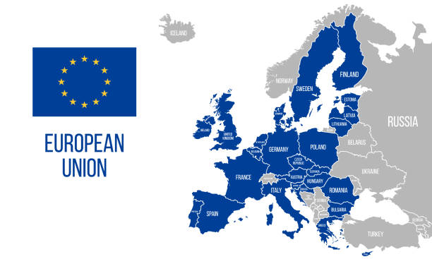 illustrations, cliparts, dessins animés et icônes de carte politique de l’union européenne. drapeau de l’ue. carte de l’europe isolée sur un fond blanc. illustration vectorielle - euro symbol european union currency symbol horizontal