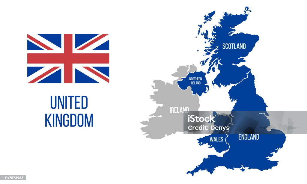 Birleşik Krallık haritası. İngiltere, Iskoçya, Galler, Kuzey Irlanda. Vektör Büyük Britanya harita zekâ INGILTERE bayrağı beyaz arka planda izole. - Royalty-free Harita Vector Art