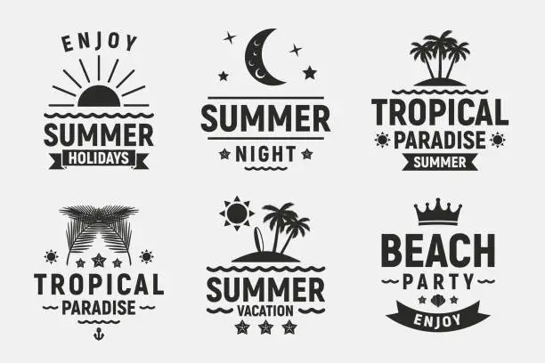Vector illustration of Summer holidays typography set. Vintage  badges, labels, posters. Summer beach, vacation, travel, tropical paradise emblems. Vector apparel template