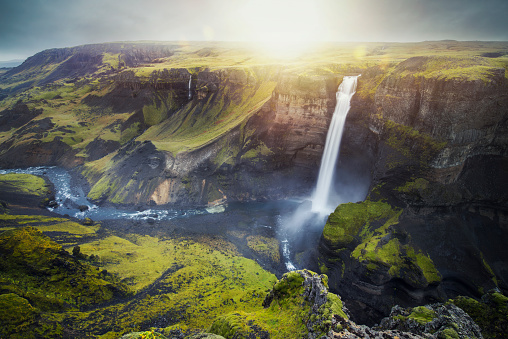 Iceland waterfall haifoss, waterfall landscape.