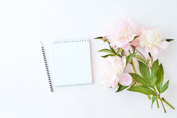 istock Mockup white notebook with light pink peonies on a white background 1147579259