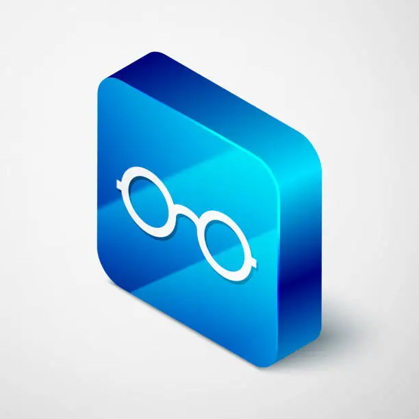 Vector illustration of Isometric Glasses icon isolated on white background. Eyeglass frame symbol. Blue square button. Vector Illustration