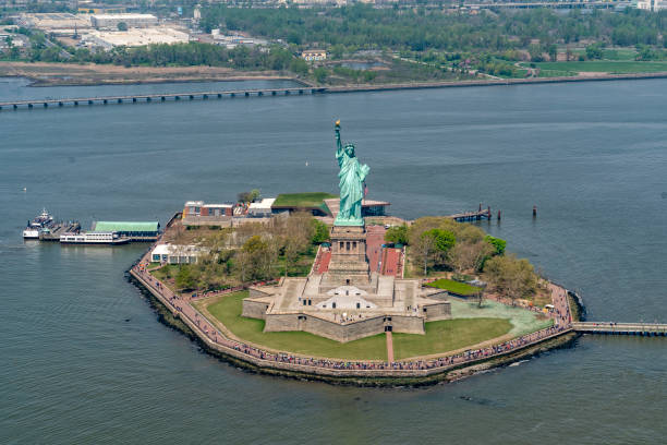 istock Statue of liberty aerial view 1147583684