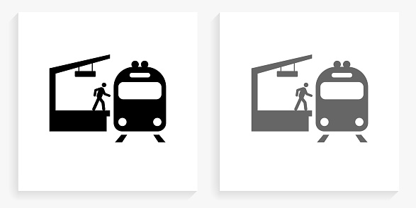 Train Stop Black and White Square Icon. This 100% royalty free vector illustration is featuring the square button with a drop shadow and the main icon is depicted in black and in grey for a roll-over effect.