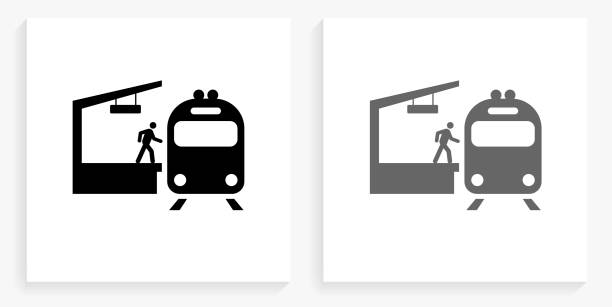 Train Stop Black and White Square Icon Train Stop Black and White Square Icon. This 100% royalty free vector illustration is featuring the square button with a drop shadow and the main icon is depicted in black and in grey for a roll-over effect. train station black and white stock illustrations