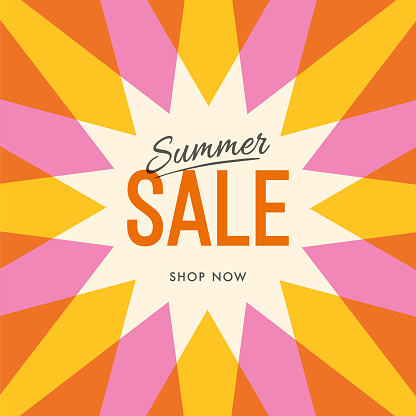 Big summer sale banner with sun. Sun with rays. Summer template poster design for print or web.