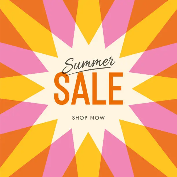 Vector illustration of Big summer sale banner with sun. Sun with rays. Summer template poster design for print or web.