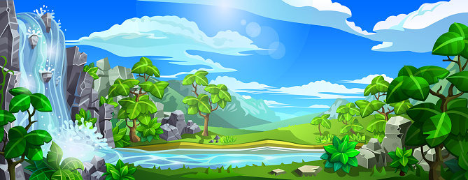 Vector natural landscape. Waterfall with a river among green hills and mountains. Panorama for background design.